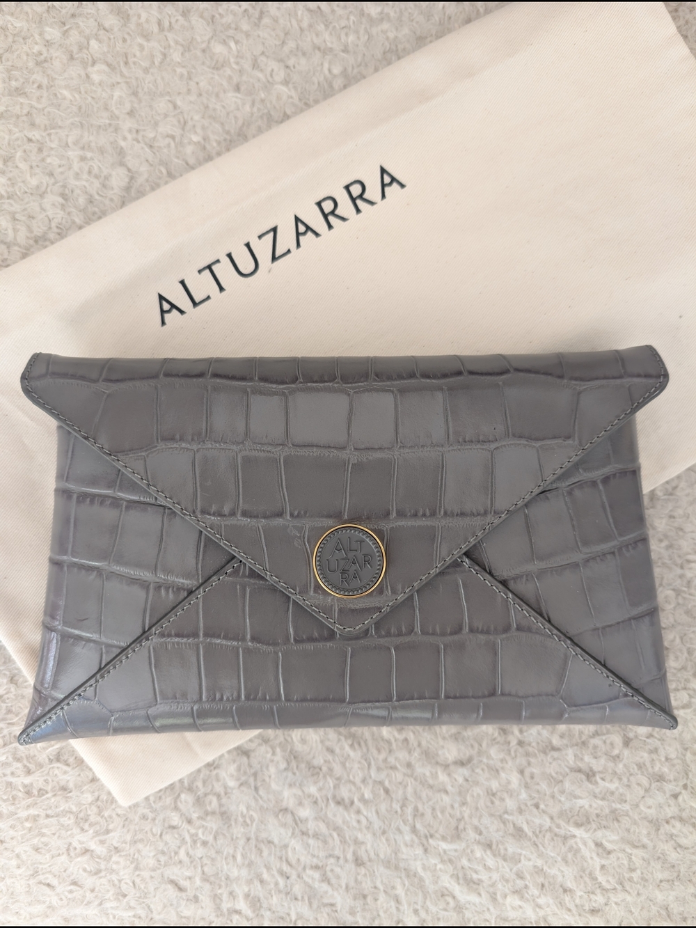 Altuzarra Gray Croc-Embossed Envelope Clutch with Logo Medallion